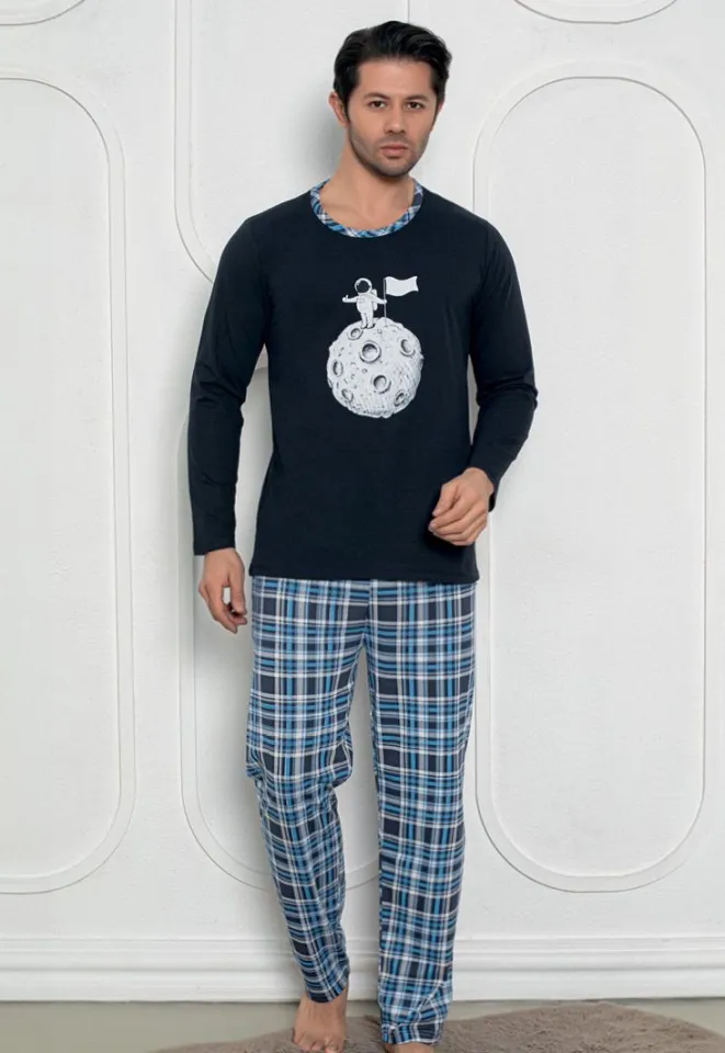 Pijama Bărbat , Mâneci Lungi și Pantaloni Lungi Asortați, Imprimeu Astronaut, Bleumarin