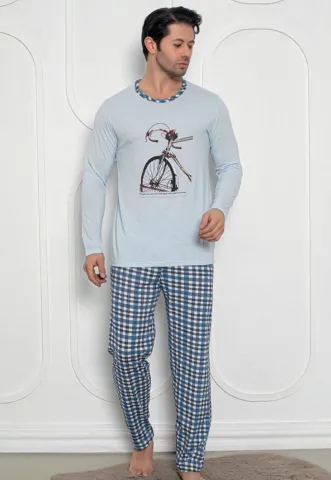 Pijama Bărbat , Mâneci Lungi și Pantaloni Lungi Asortați, Imprimeu Bicicletă, Albastru