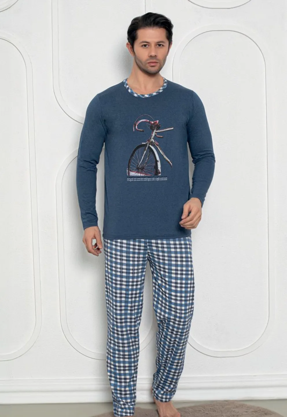 Pijama Bărbat , Mâneci Lungi și Pantaloni Lungi Asortați, Imprimeu Bicicletă, Bleumarin - 1