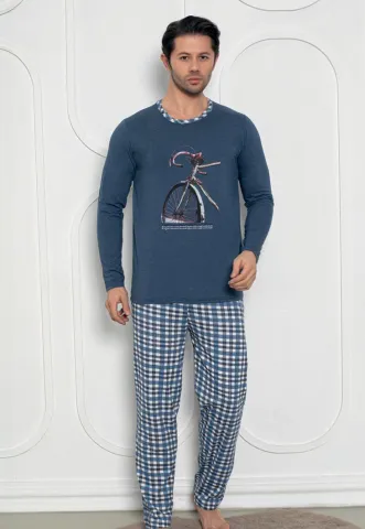 Pijama Bărbat , Mâneci Lungi și Pantaloni Lungi Asortați, Imprimeu Bicicletă, Bleumarin