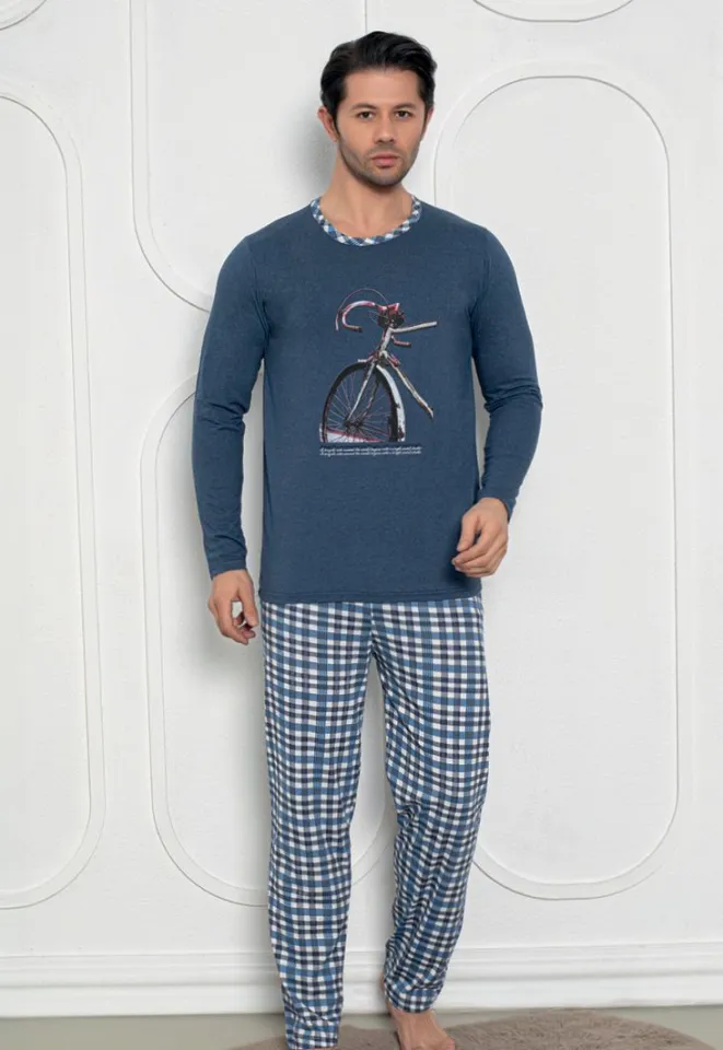 Pijama Bărbat , Mâneci Lungi și Pantaloni Lungi Asortați, Imprimeu Bicicletă, Bleumarin