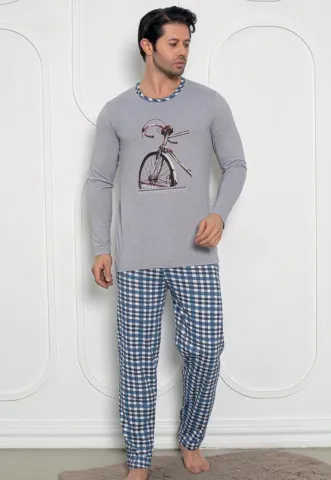 Pijama Bărbat, Mâneci Lungi și Pantaloni Lungi Asortați, Imprimeu bicicletă, gri