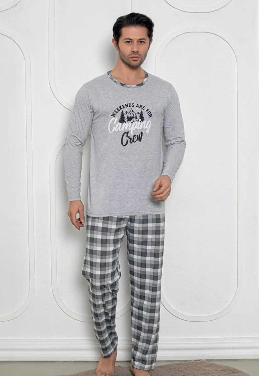 Pijama Bărbat, Mâneci Lungi și Pantaloni Lungi Asortați, Imprimeu ,,Camping'', gri deschis - 1