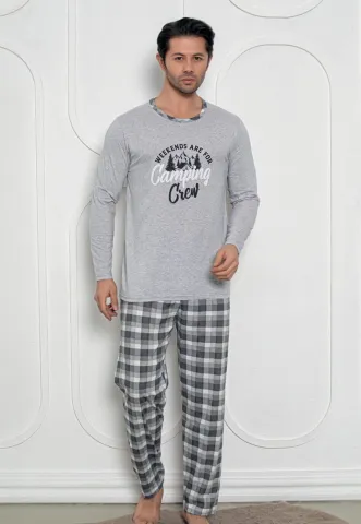 Pijama Bărbat, Mâneci Lungi și Pantaloni Lungi Asortați, Imprimeu ,,Camping'', gri deschis