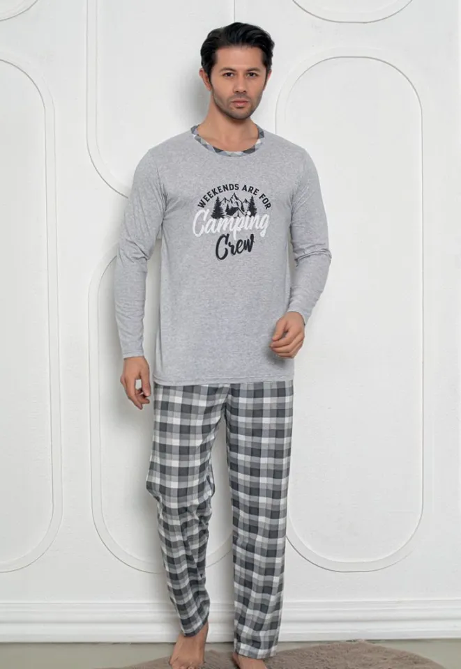 Pijama Bărbat, Mâneci Lungi și Pantaloni Lungi Asortați, Imprimeu ,,Camping'', gri deschis