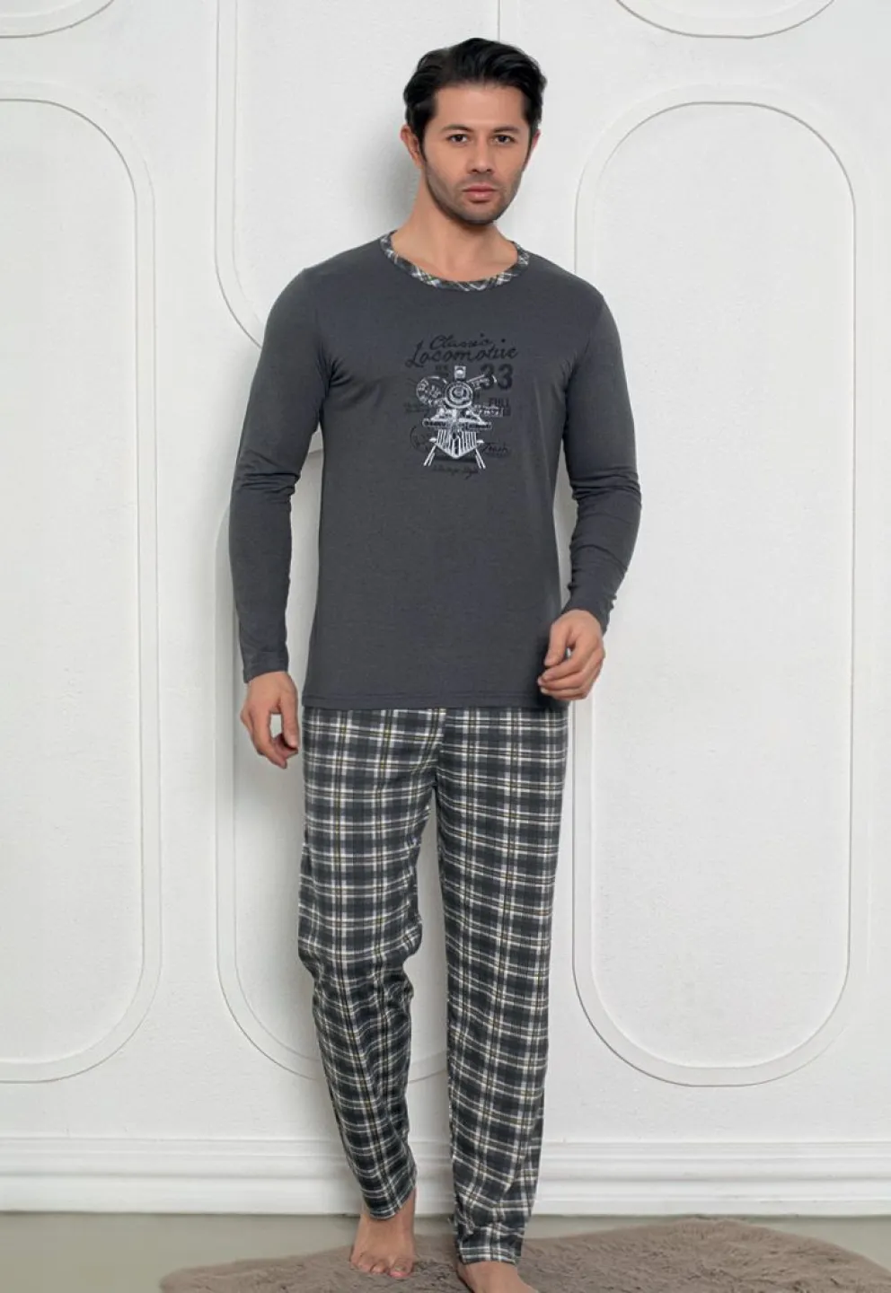 Pijama Bărbat, Mâneci Lungi și Pantaloni Lungi Asortați, Imprimeu locomotiva, gri închis - 1