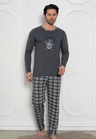 Pijama Bărbat, Mâneci Lungi și Pantaloni Lungi Asortați, Imprimeu locomotiva, gri închis