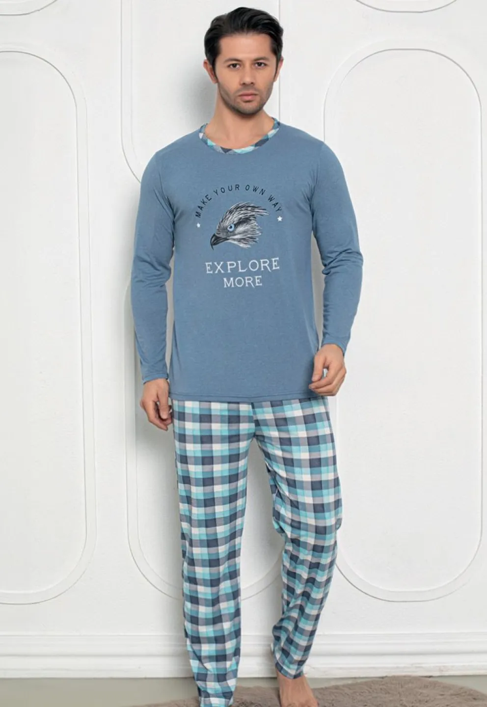 Pijama Bărbat , Mâneci Lungi și Pantaloni Lungi Asortați, Imprimeu ,,Explore More'', albastru - 1