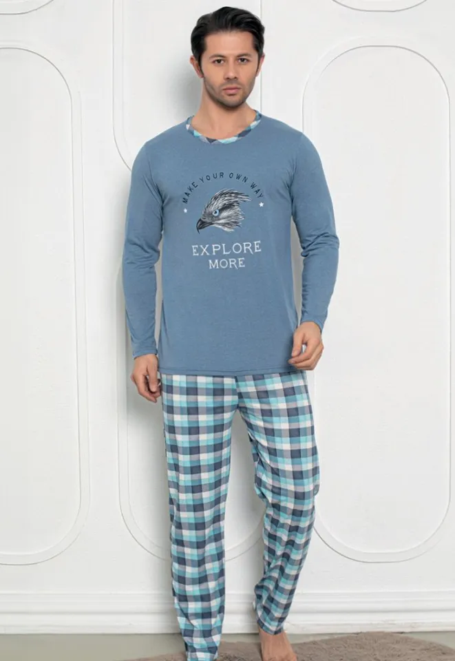 Pijama Bărbat , Mâneci Lungi și Pantaloni Lungi Asortați, Imprimeu ,,Explore More'', albastru