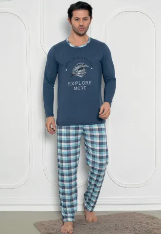 Pijama Bărbat , Mâneci Lungi și Pantaloni Lungi Asortați, Imprimeu ,,Explore More'', Bleumarin