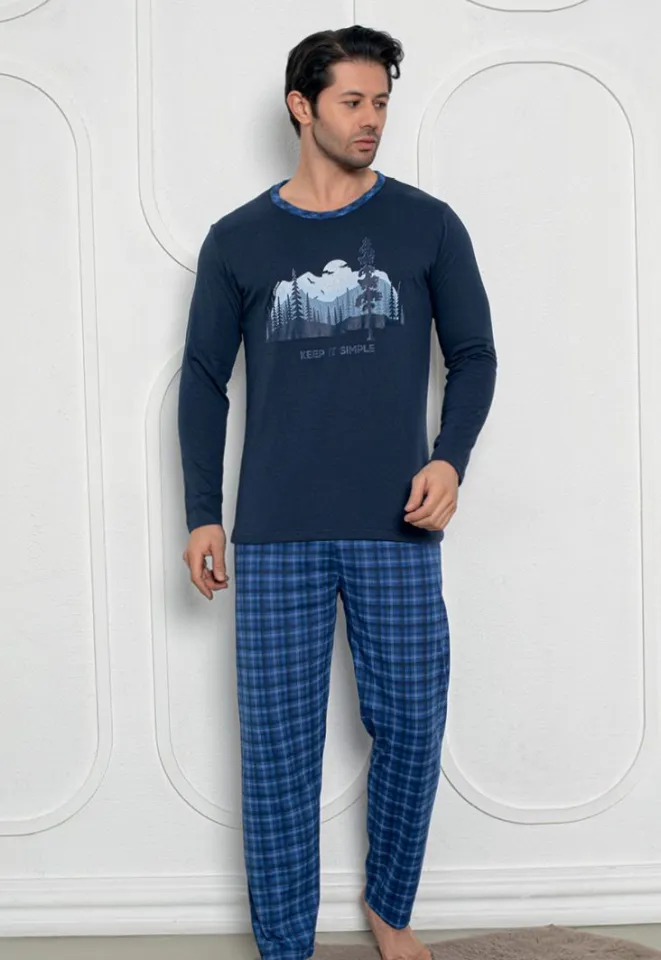 Pijama Bărbat , Mâneci Lungi și Pantaloni Lungi Asortați, Imprimeu ,,Keep It Simple'', bleumarin