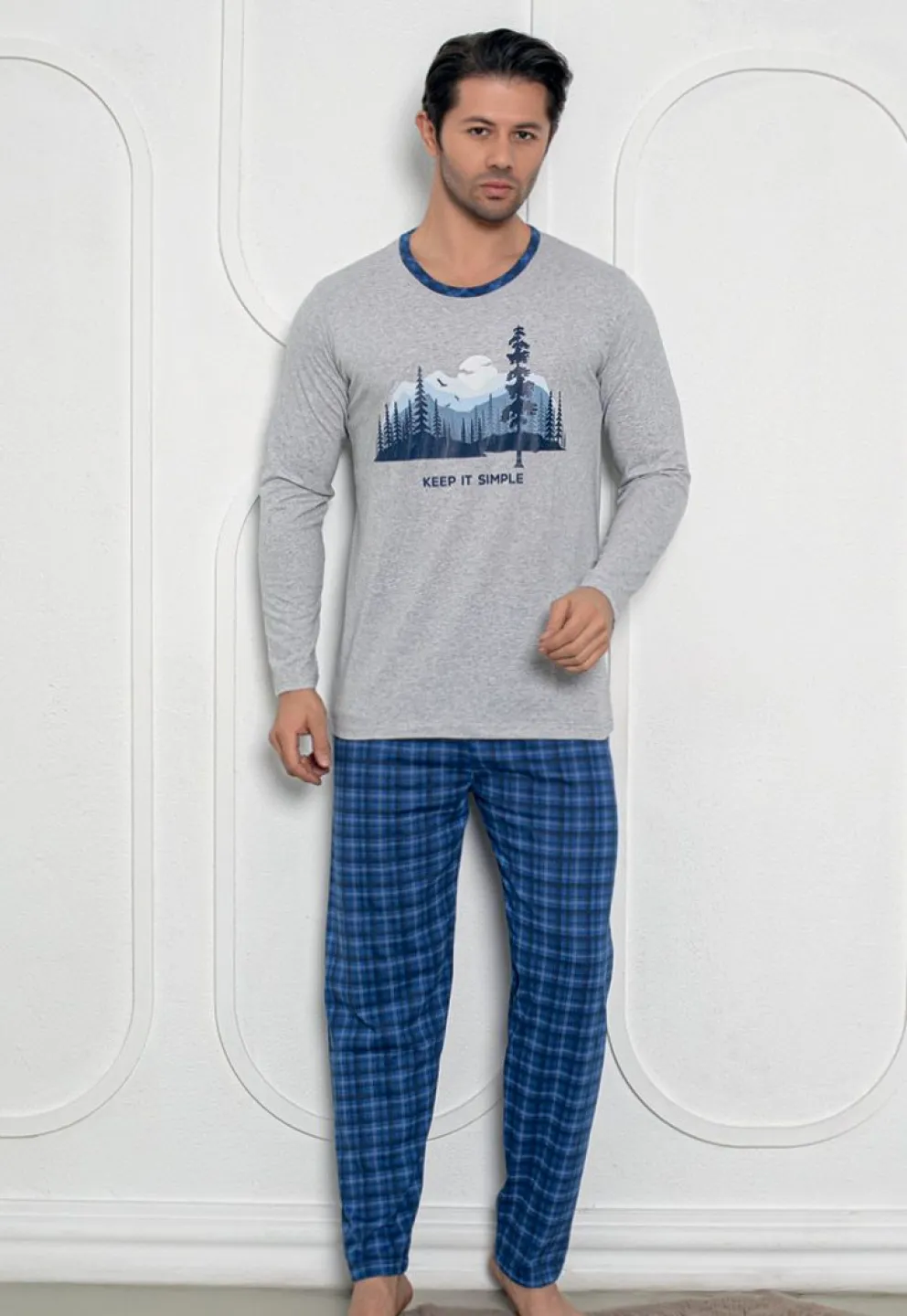 Pijama Bărbat, Mâneci Lungi și Pantaloni Lungi Asortați, Imprimeu ,,Keep It Smile'', gri - 1