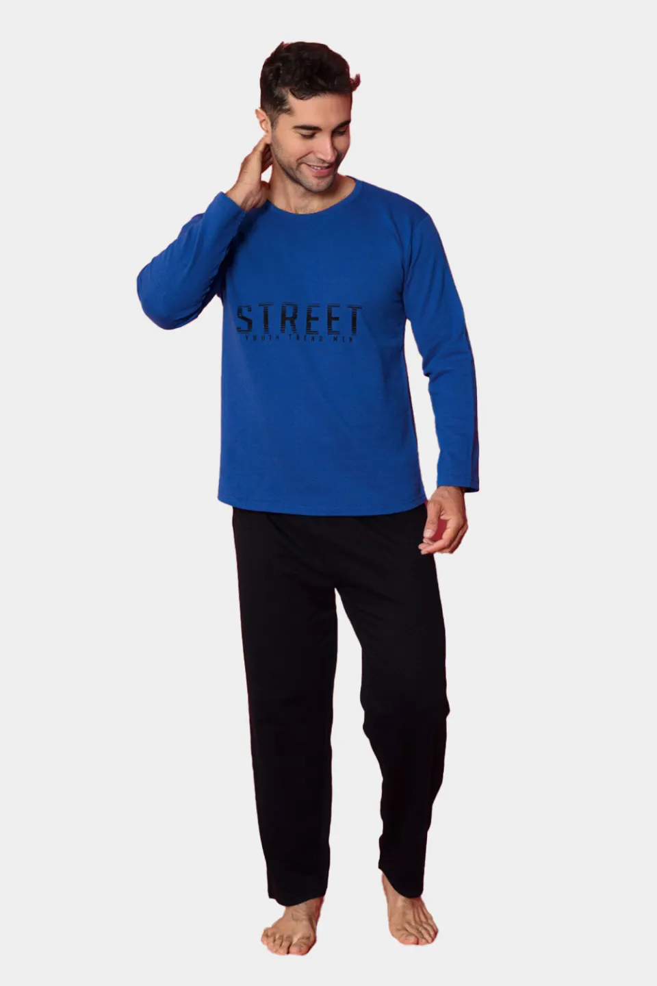 Pijama bărbați vătuită – Albastru, mânecă lungă, pantaloni lungi, imprimeu ,,Street'' - 1