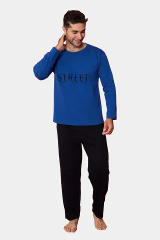 Pijama bărbați vătuită – Albastru, mânecă lungă, pantaloni lungi, imprimeu ,,Street''