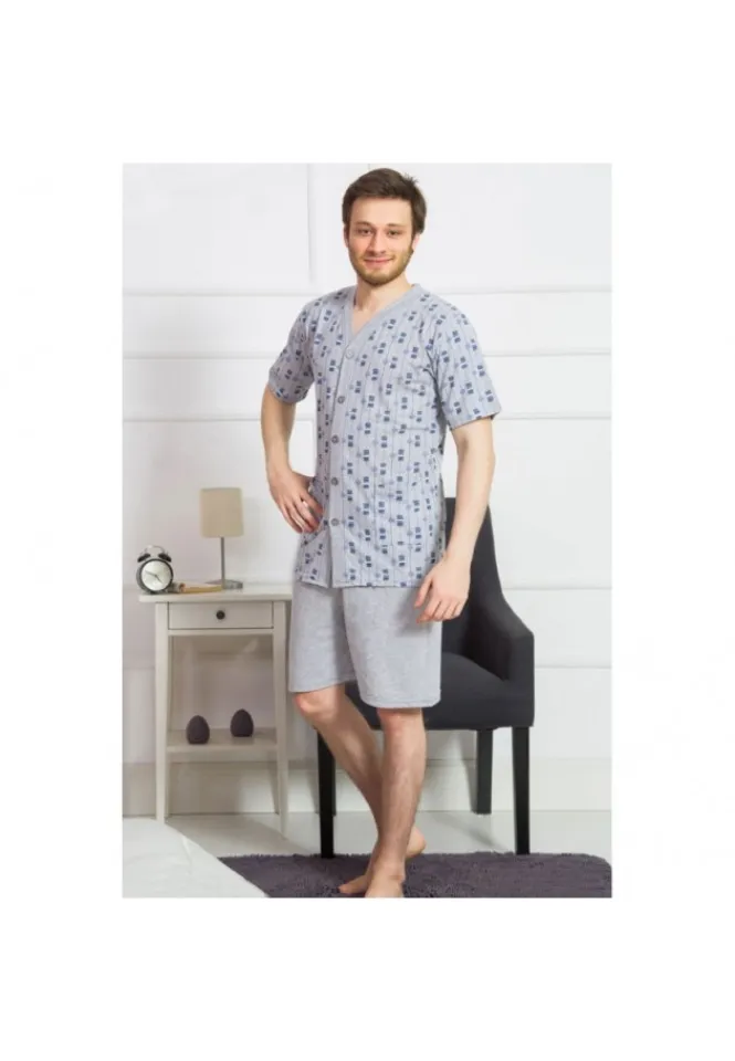 Pijama barbati BIG SIZE din bumbac, bluza cu maneca scurta si pantaloni scurti, gri