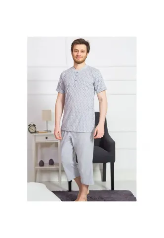 Pijama barbati Big Size din bumbac, bluza cu maneca scurta si pantaloni 3/4, gri