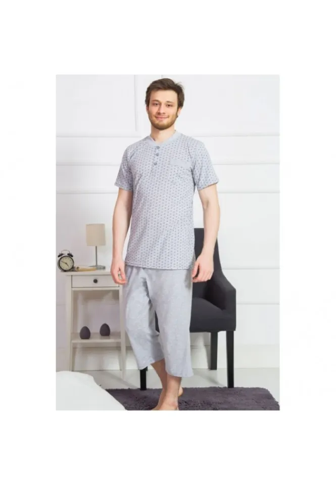 Pijama barbati Big Size din bumbac, bluza cu maneca scurta si pantaloni 3/4, gri