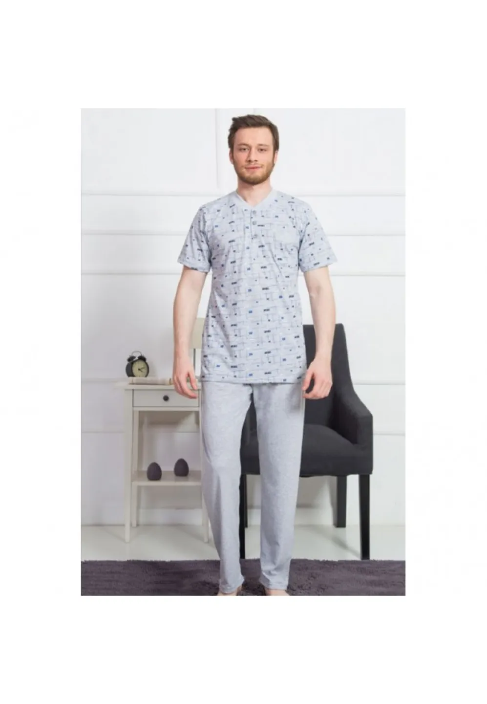 Pijama barbati Big Size din bumbac, bluza cu maneca scurta si pantaloni lungi, gri - 1