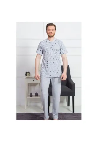 Pijama barbati Big Size din bumbac, bluza cu maneca scurta si pantaloni lungi, gri