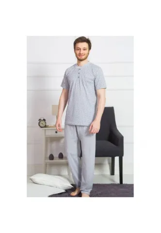 Pijama barbati din bumbac, bluza cu maneca scurta si pantaloni lungi, gri