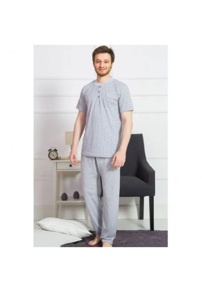 Pijama barbati din bumbac, bluza cu maneca scurta si pantaloni lungi, gri