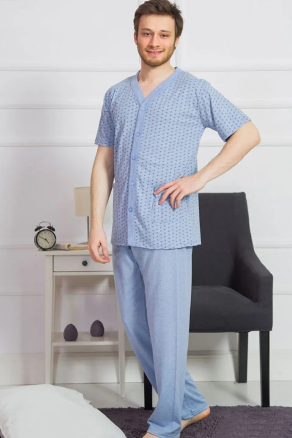 Pijama Bărbați Big Size Vienetta din Bumbac, Mânecă Scurtă și Pantaloni Lungi, Culoare Albastru - 1