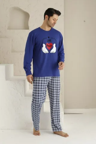 Pijama bărbați cu imprimeu "Love Papa", mânecă lungă, pantaloni lungi, albastru