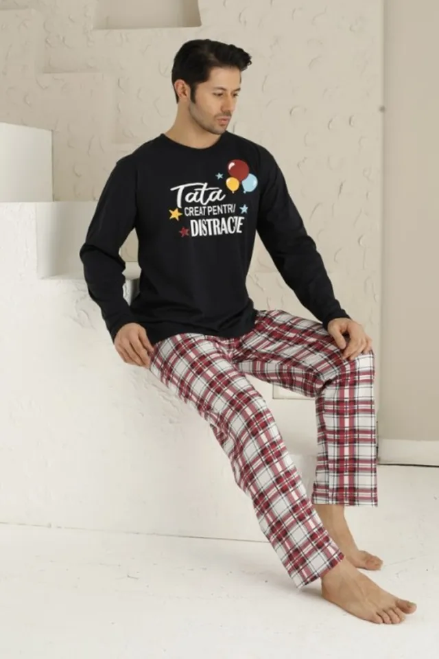 Pijama bărbați cu mânecă lungă și pantaloni lungi - Imprimeu „Tată creat pentru distracție”
