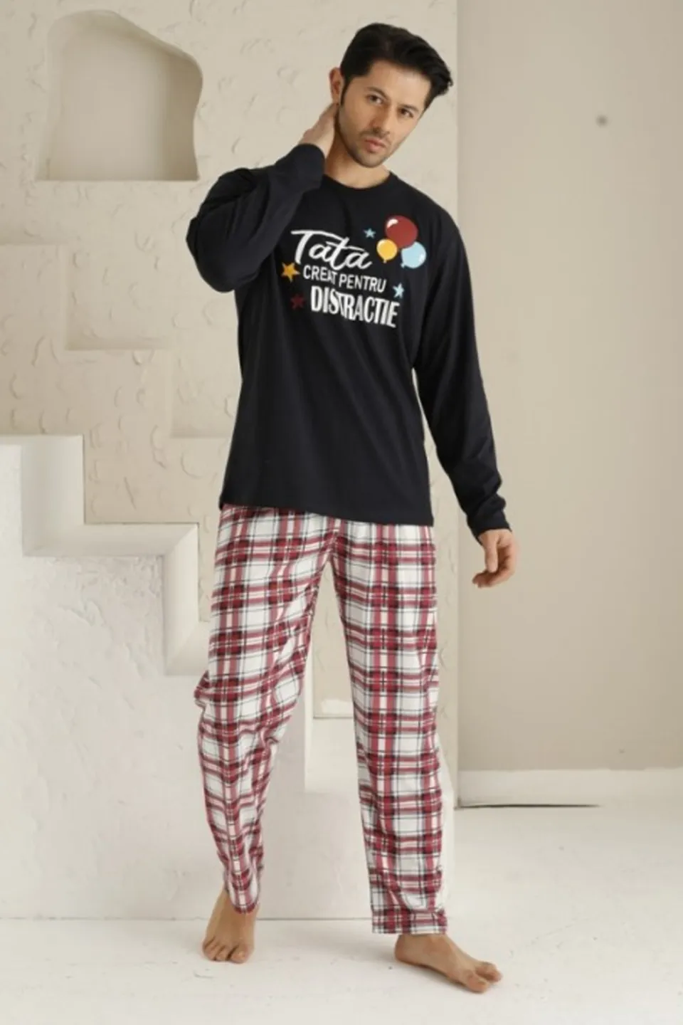 Pijama bărbați cu mânecă lungă și pantaloni lungi - Imprimeu „Tată creat pentru distracție” - 2