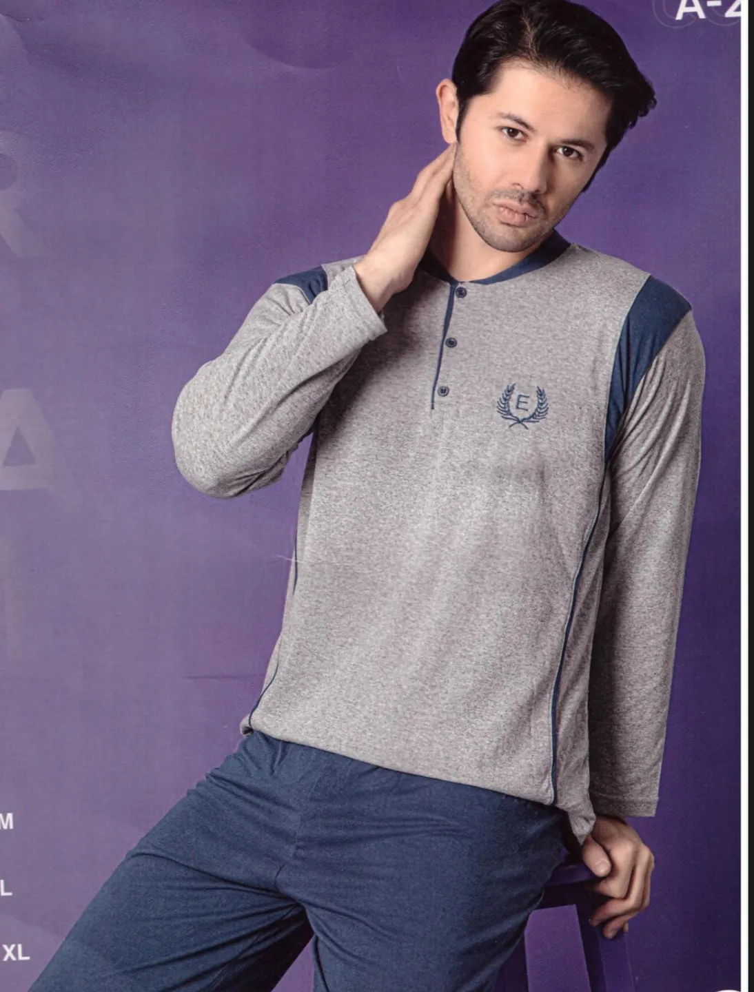 Pijama barbati din bumbac, bluza cu maneca lunga si pantaloni lungi, culoare gri - 1