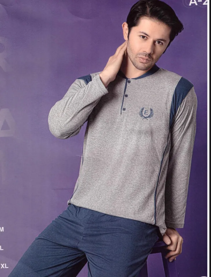 Pijama barbati din bumbac, bluza cu maneca lunga si pantaloni lungi, culoare gri