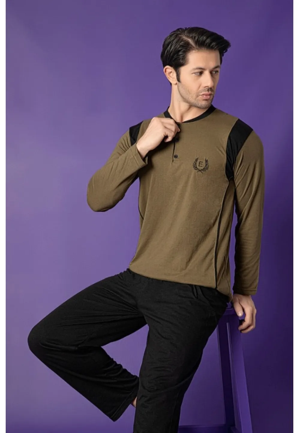 Pijama barbati din bumbac, bluza cu maneca lunga si pantaloni lungi, culoare kaki - 1