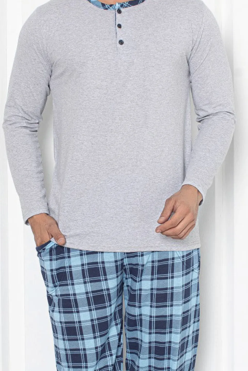 Pijama pentru bărbați gri, mânecă lungă, pantaloni lungi, 100% bumbac, carouri - 2