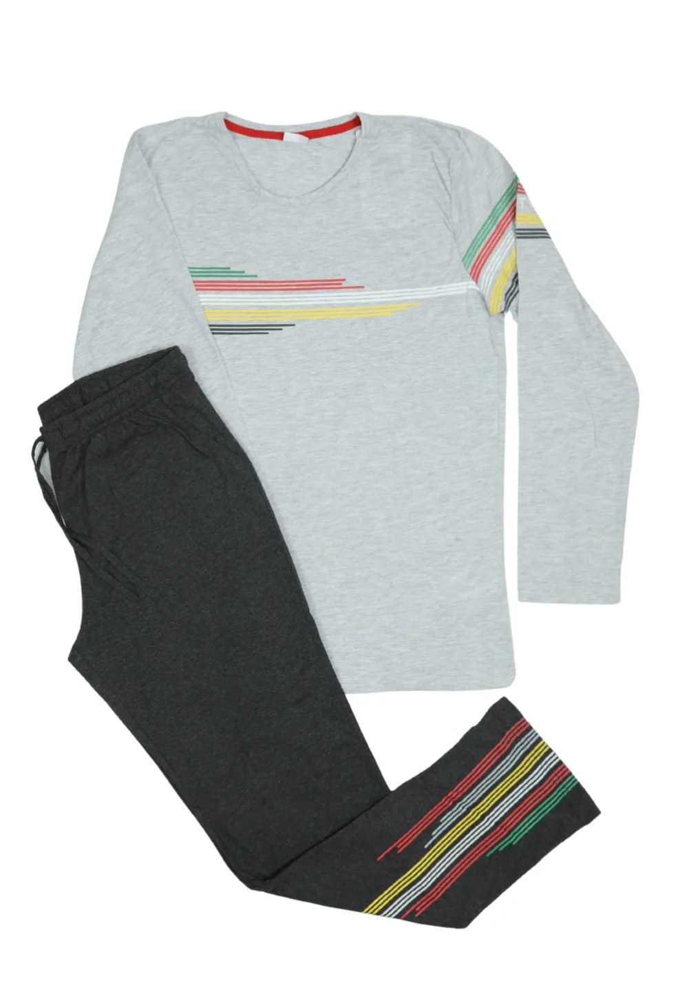 Pijama barbati din bumbac, bluza cu maneca lunga si pantaloni lungi, imprimeu dungi, gri - 1