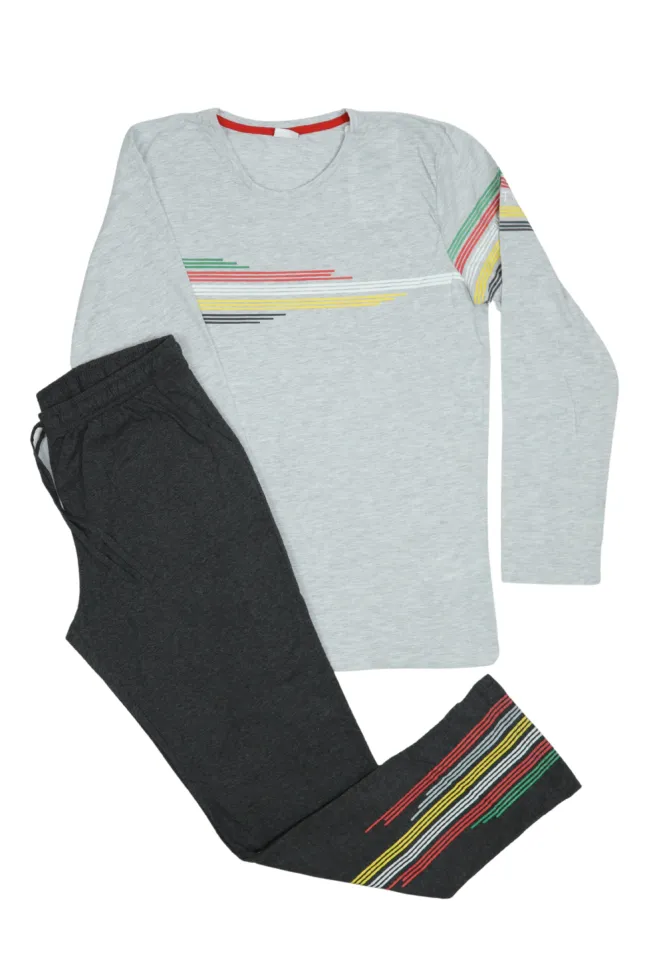 Pijama barbati din bumbac, bluza cu maneca lunga si pantaloni lungi, imprimeu dungi, gri