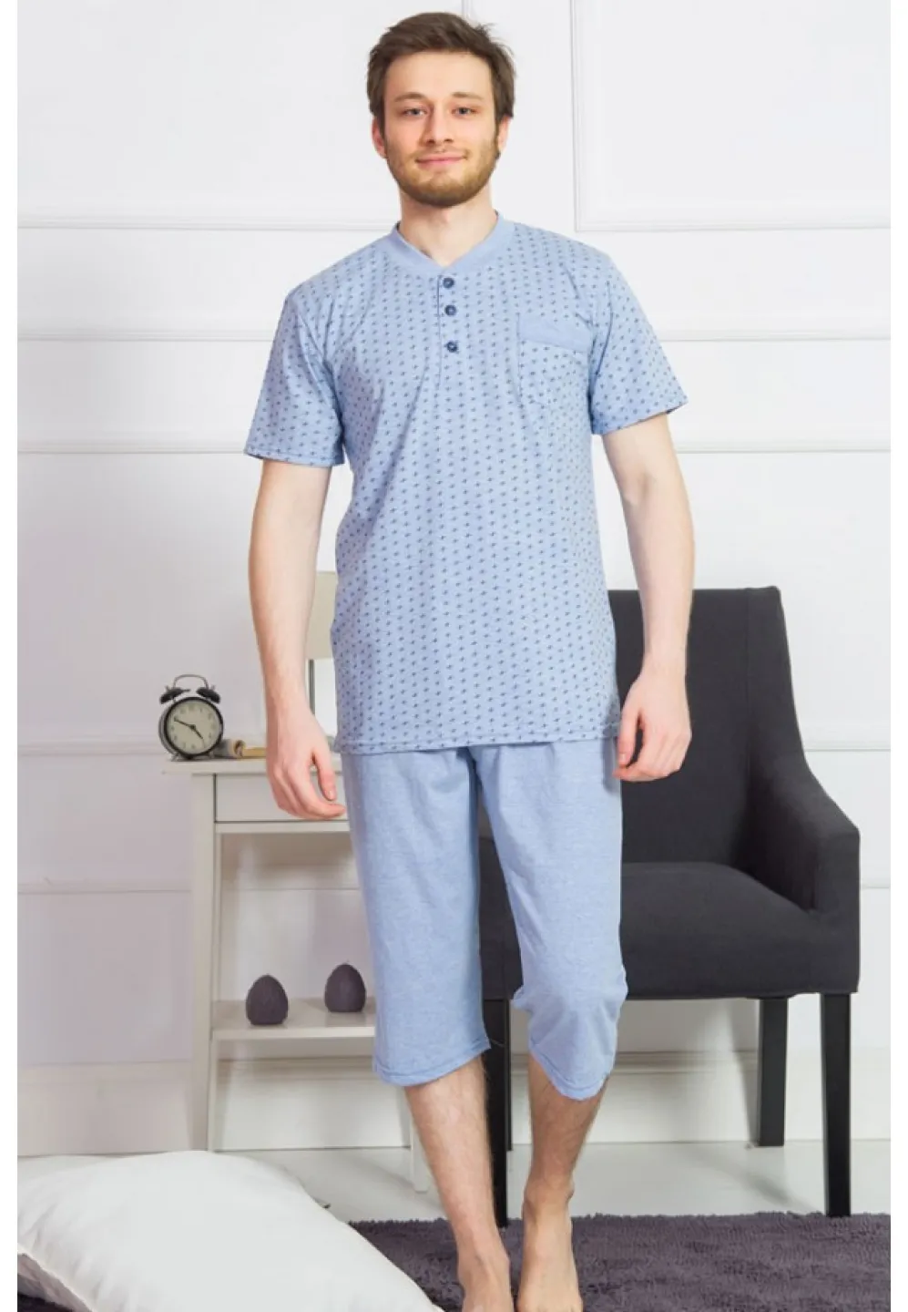 Pijama barbati din bumbac, bluza cu maneca scurta si pantaloni 3/4, albastru - 1