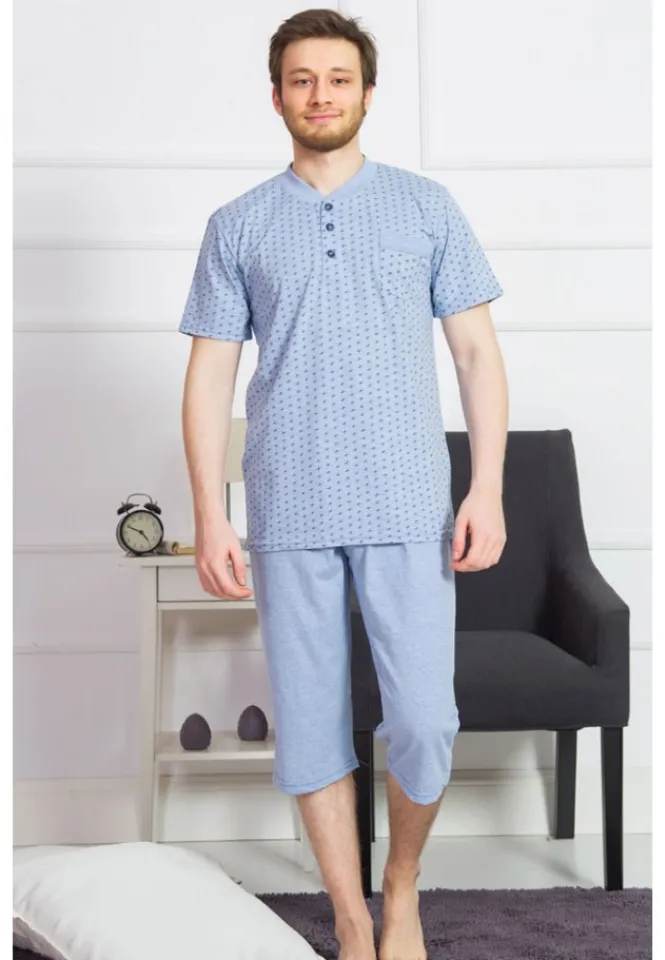 Pijama barbati din bumbac, bluza cu maneca scurta si pantaloni 3/4, albastru