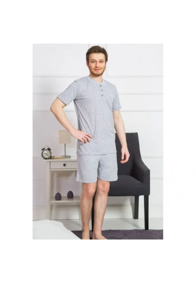 Pijama barbati din bumbac, bluza cu maneca scurta si pantaloni scurti, gri