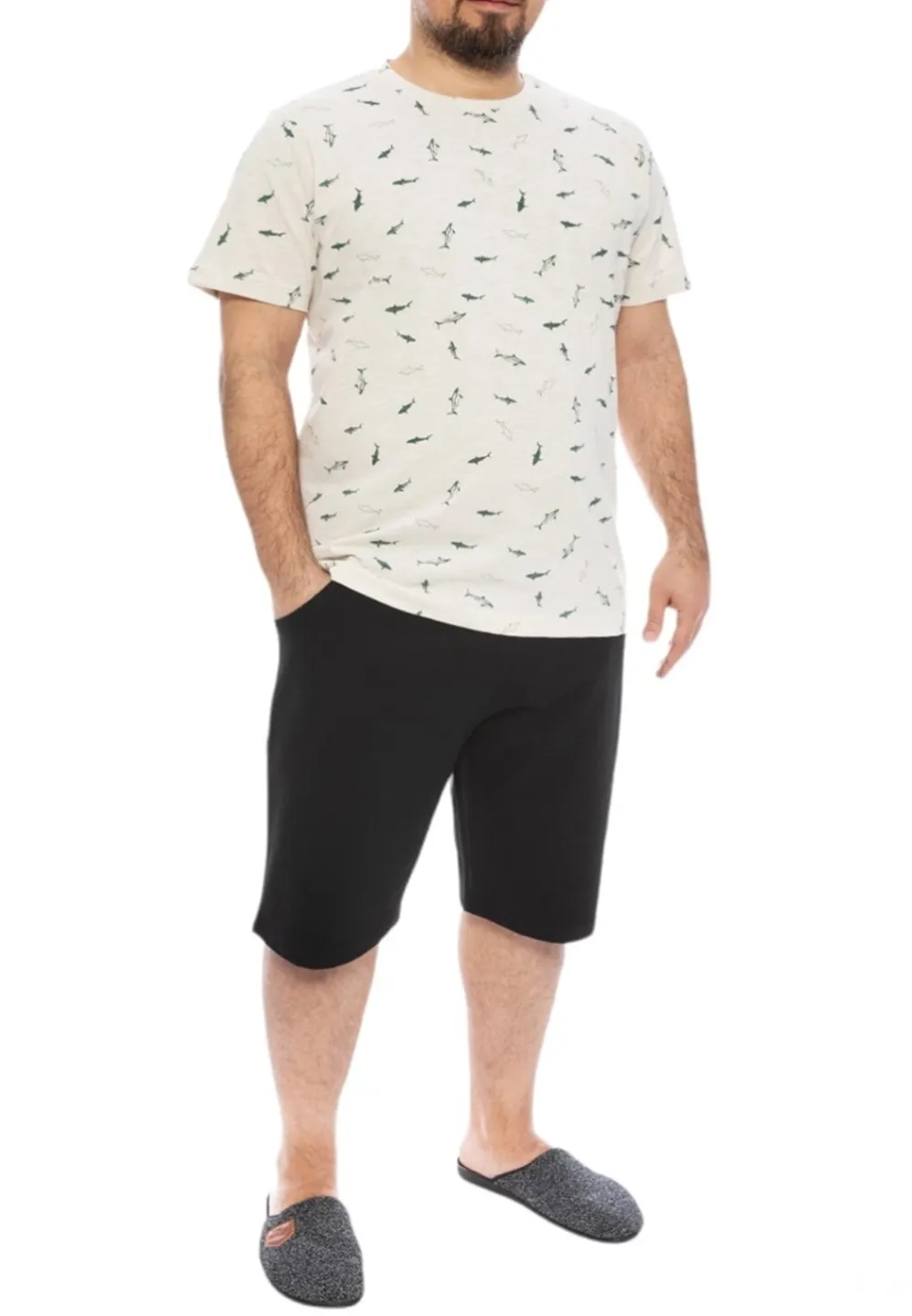 Pijama barbati din bumbac, bluza cu maneca scurta si pantaloni scurti, imprimeu delfini, crem - 1