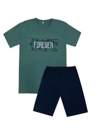 Pijama barbati din bumbac, bluza cu maneca scurta si pantaloni scurti, imprimeu ,,Forever", verde