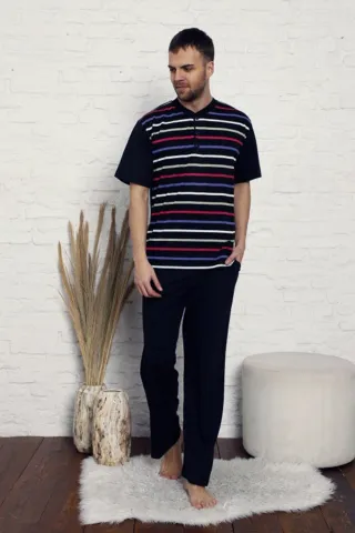 Pijama bărbați din bumbac cu imprimeu dungi colorate - Culoare negru