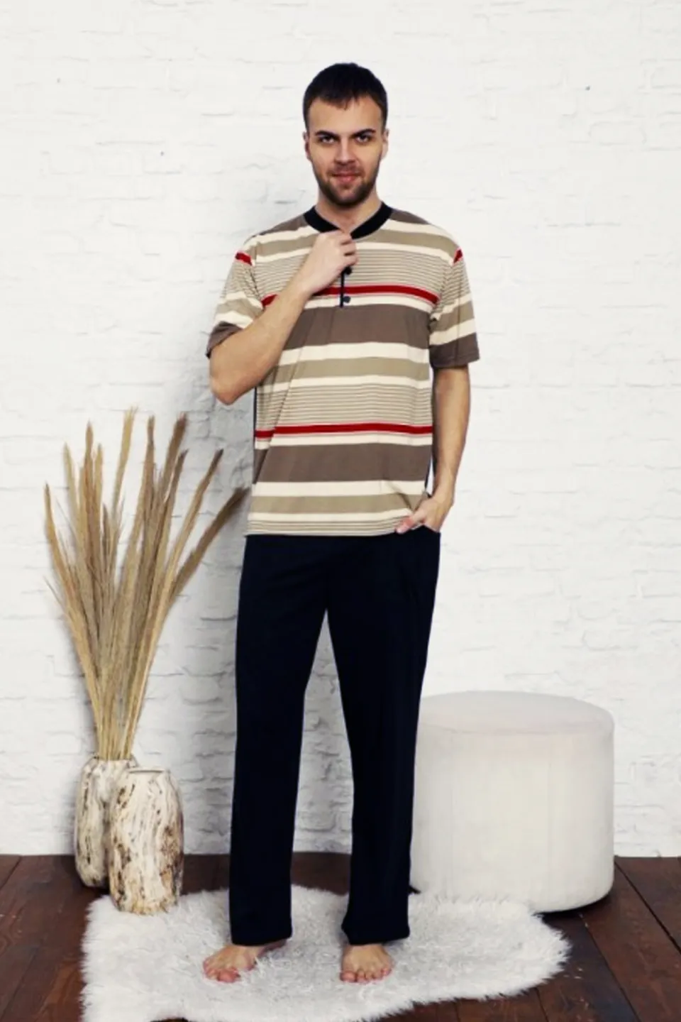 Pijama bărbați din bumbac cu imprimeu dungi - Culoare maro - 1