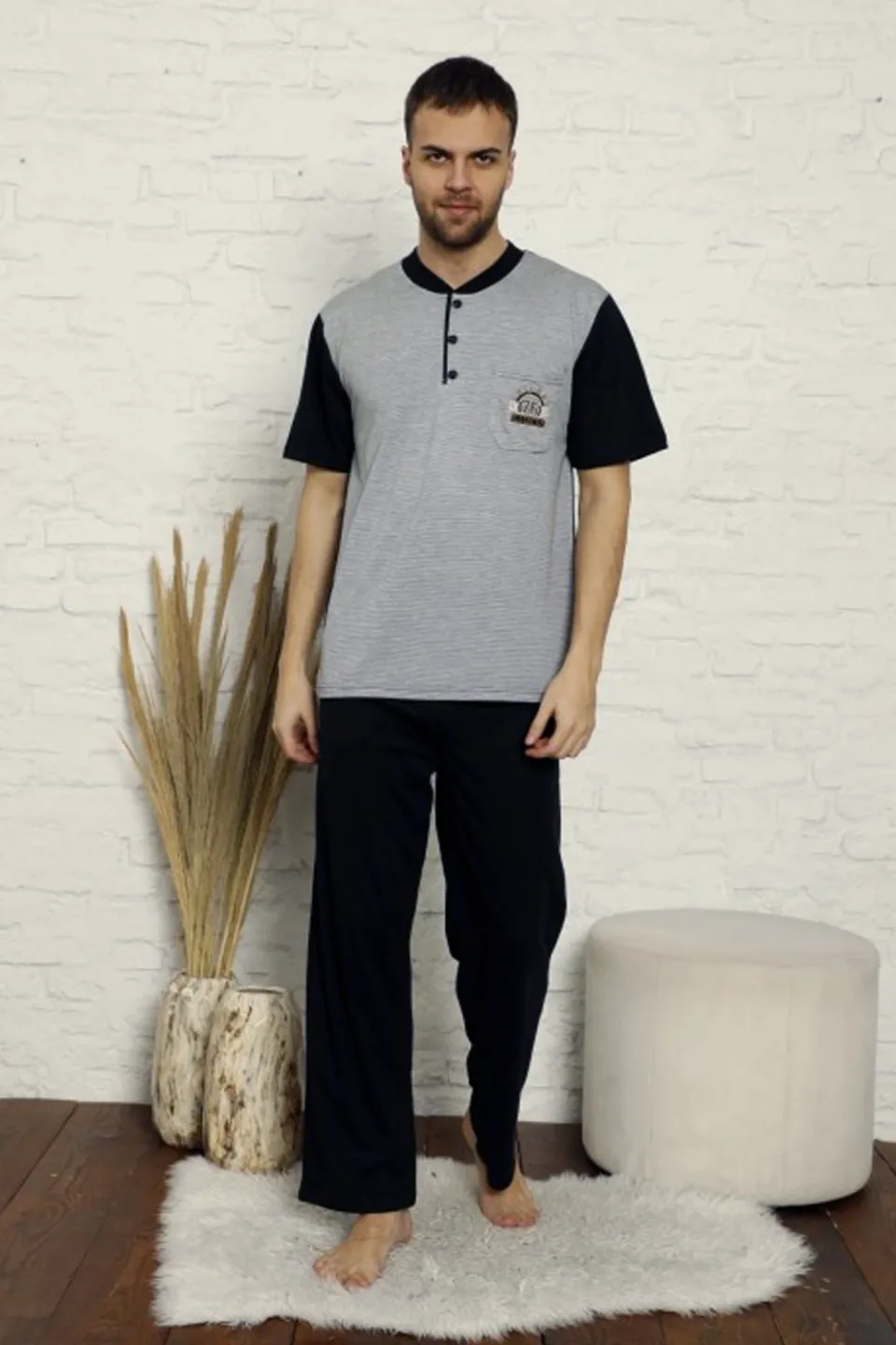 Pijama bărbați din bumbac cu imprimeu punctulețe - Culoare gri - 1