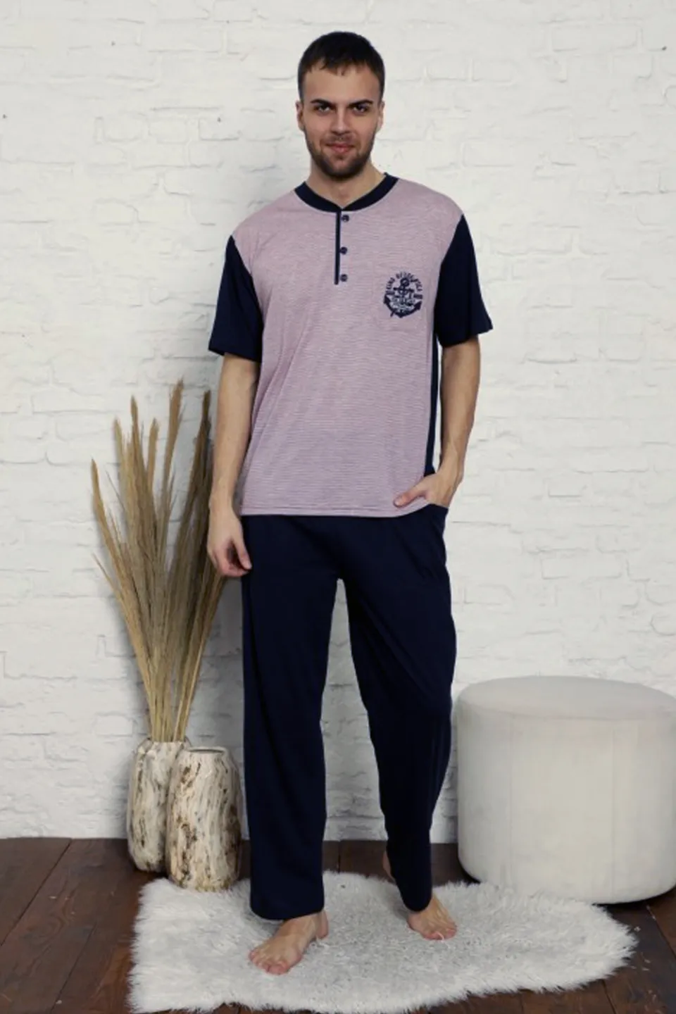 Pijama bărbați din bumbac cu imprimeu punctulețe - Culoare roșu - 1