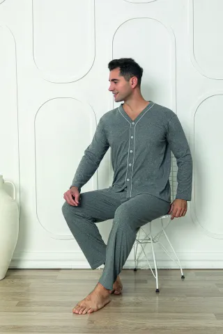 Pijama bărbați din bumbac cu mânecă lungă și pantaloni lungi