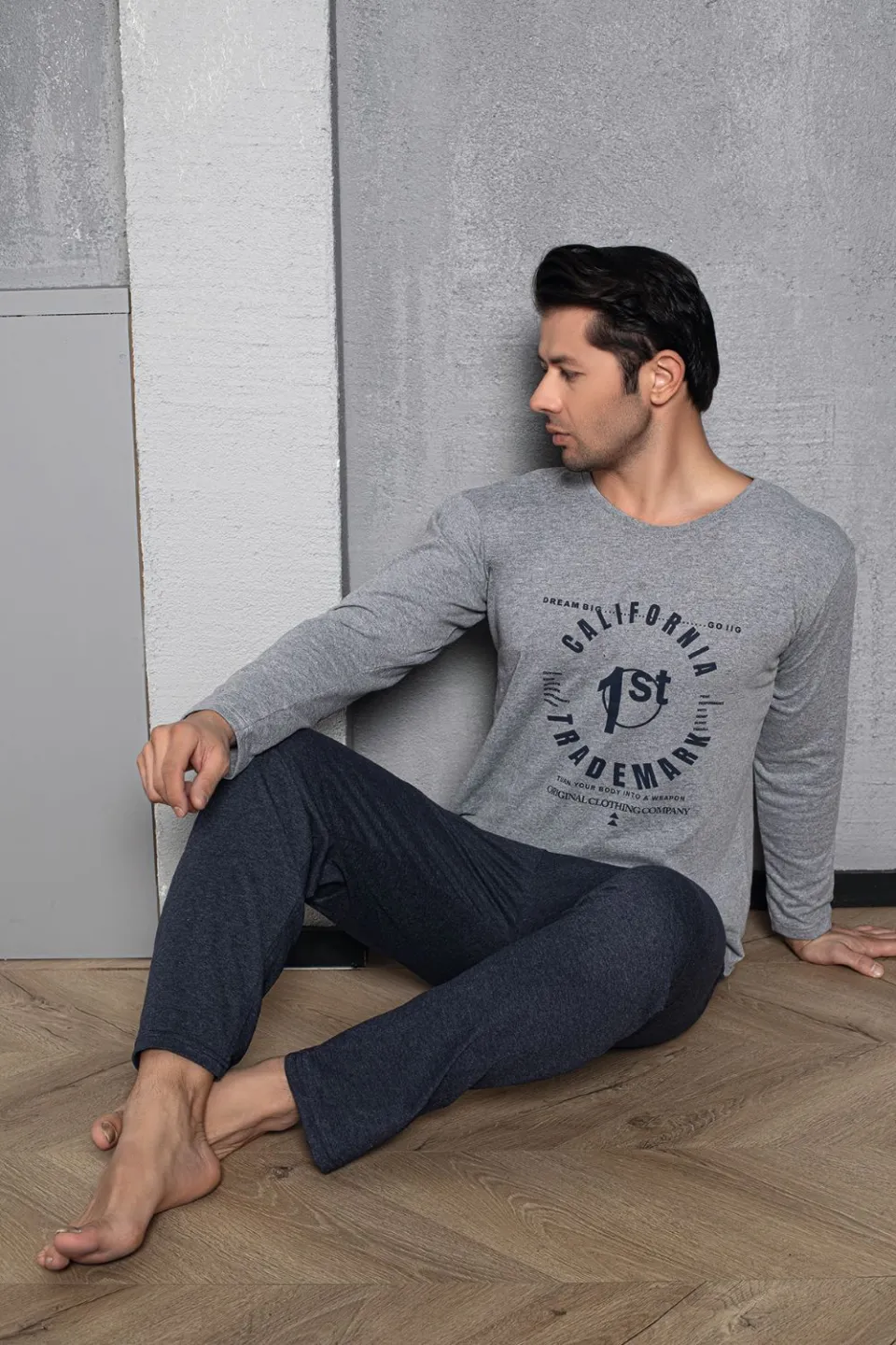 Pijama bărbați din bumbac, mânecă lungă și pantaloni lungi, imprimeu California - 1