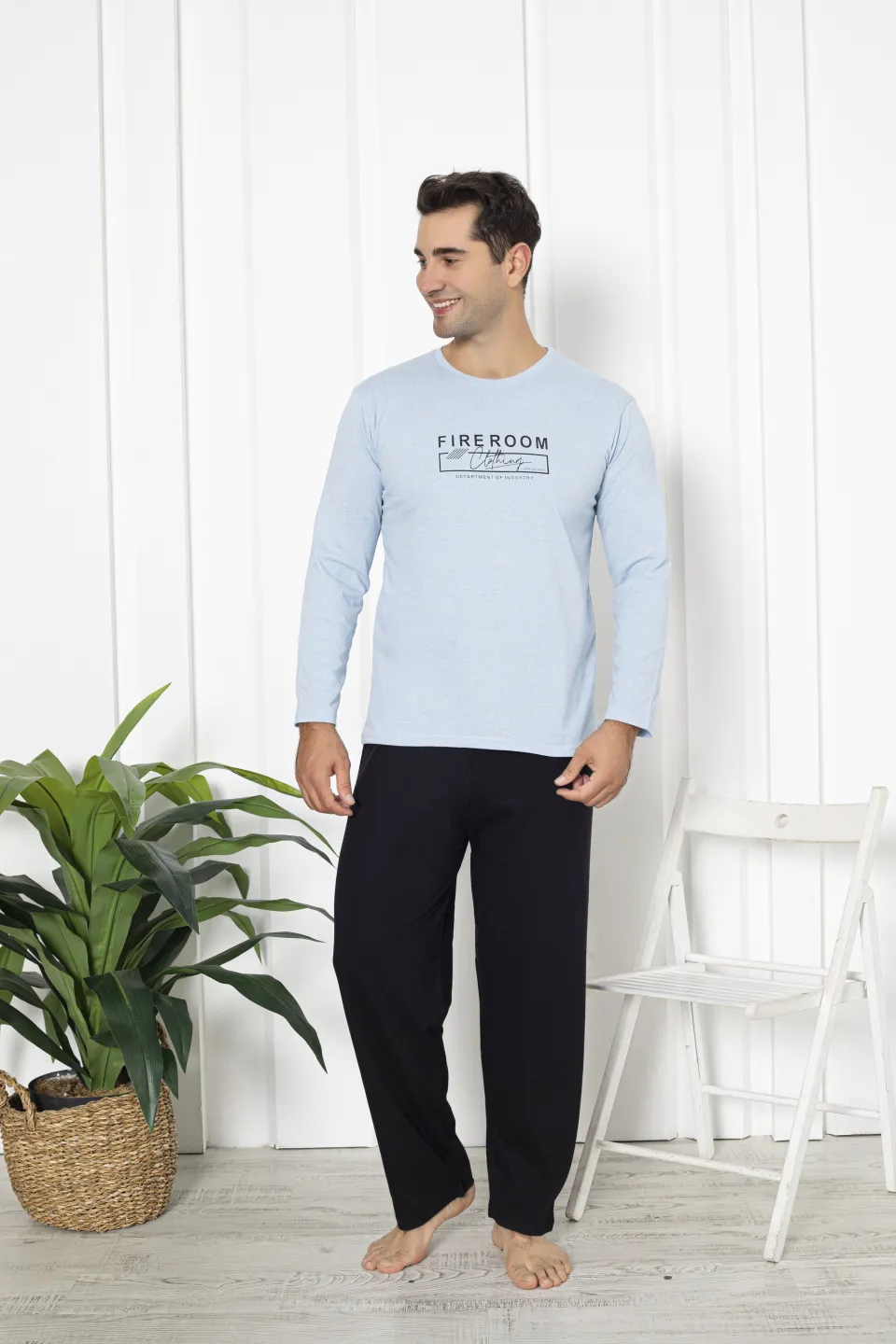 Pijama bărbați din bumbac, mânecă lungă și pantaloni lungi, imprimeu Fireroom - 1