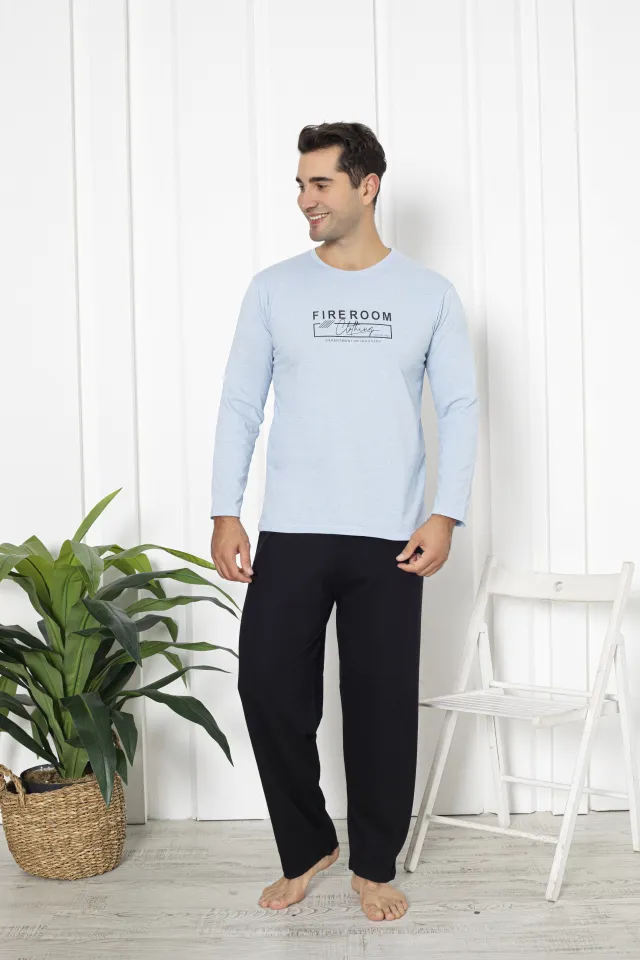 Pijama bărbați din bumbac, mânecă lungă și pantaloni lungi, imprimeu Fireroom