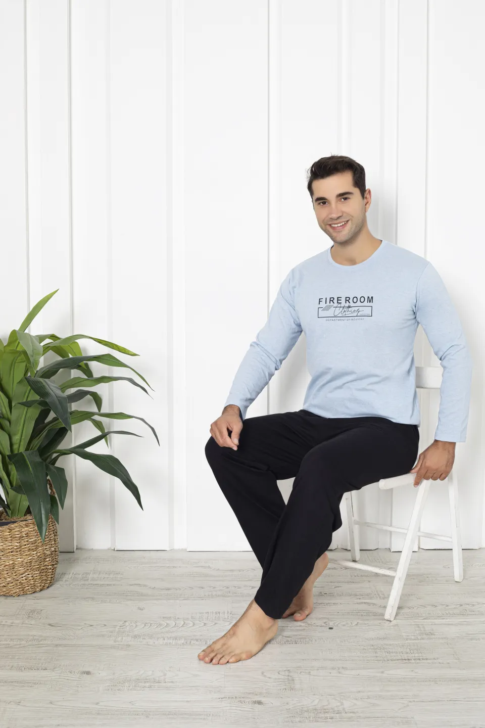 Pijama bărbați din bumbac, mânecă lungă și pantaloni lungi, imprimeu Fireroom - 2