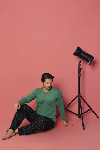 Pijama bărbați din bumbac, mânecă lungă și pantaloni lungi, imprimeu Street Wear